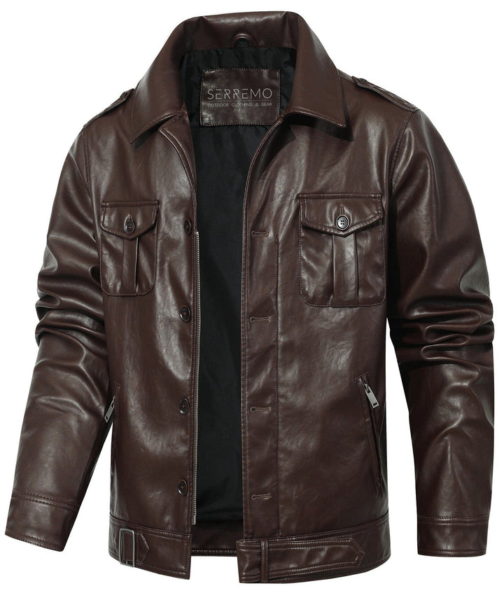 Men's classic coffee faux leather jacket, front view, for versatile men's fashion