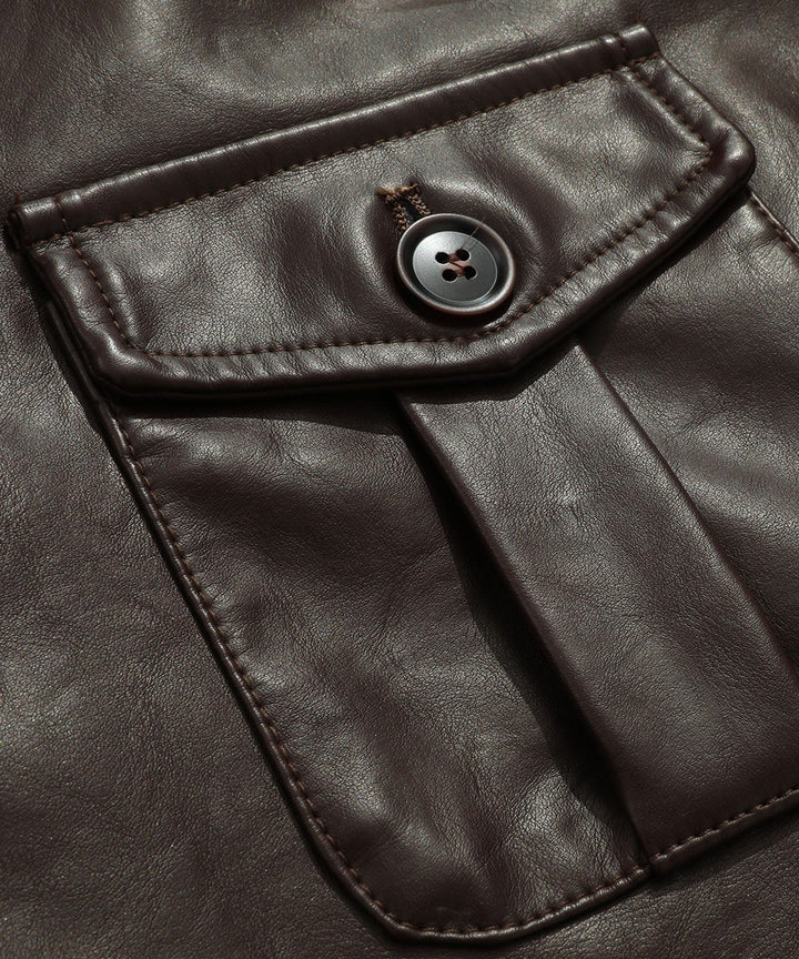 Coffee faux leather jacket, men's apparel, draped over a chair, classic style