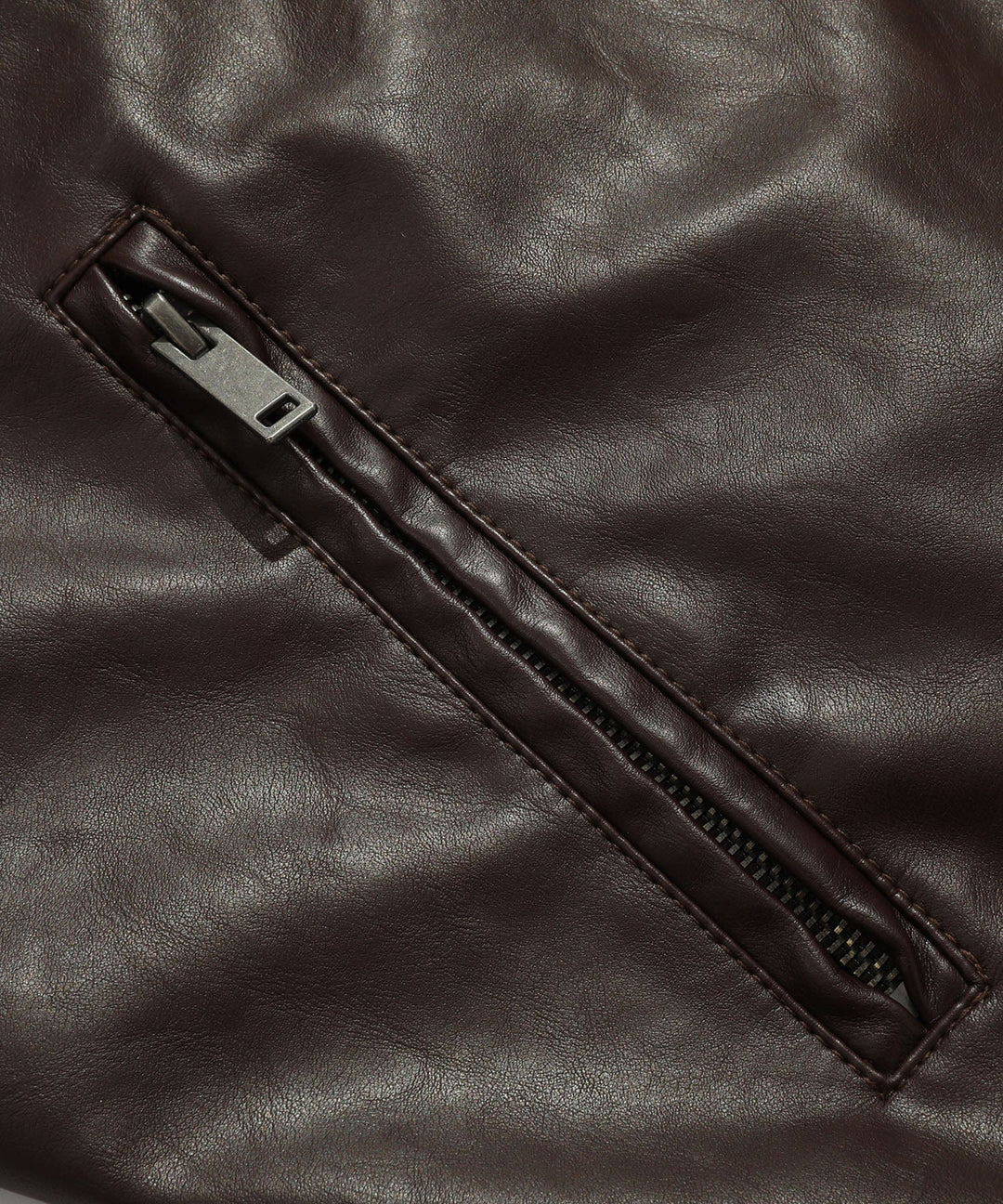 Sleeve detail of a men's coffee faux leather jacket, classic and fashionable