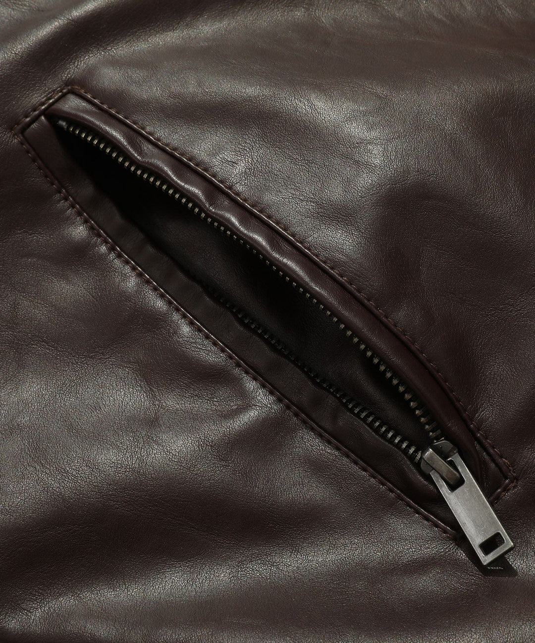 Men's classic coffee faux leather jacket laid flat, front and back sections visible