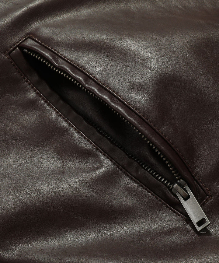 Men's classic coffee faux leather jacket laid flat, front and back sections visible
