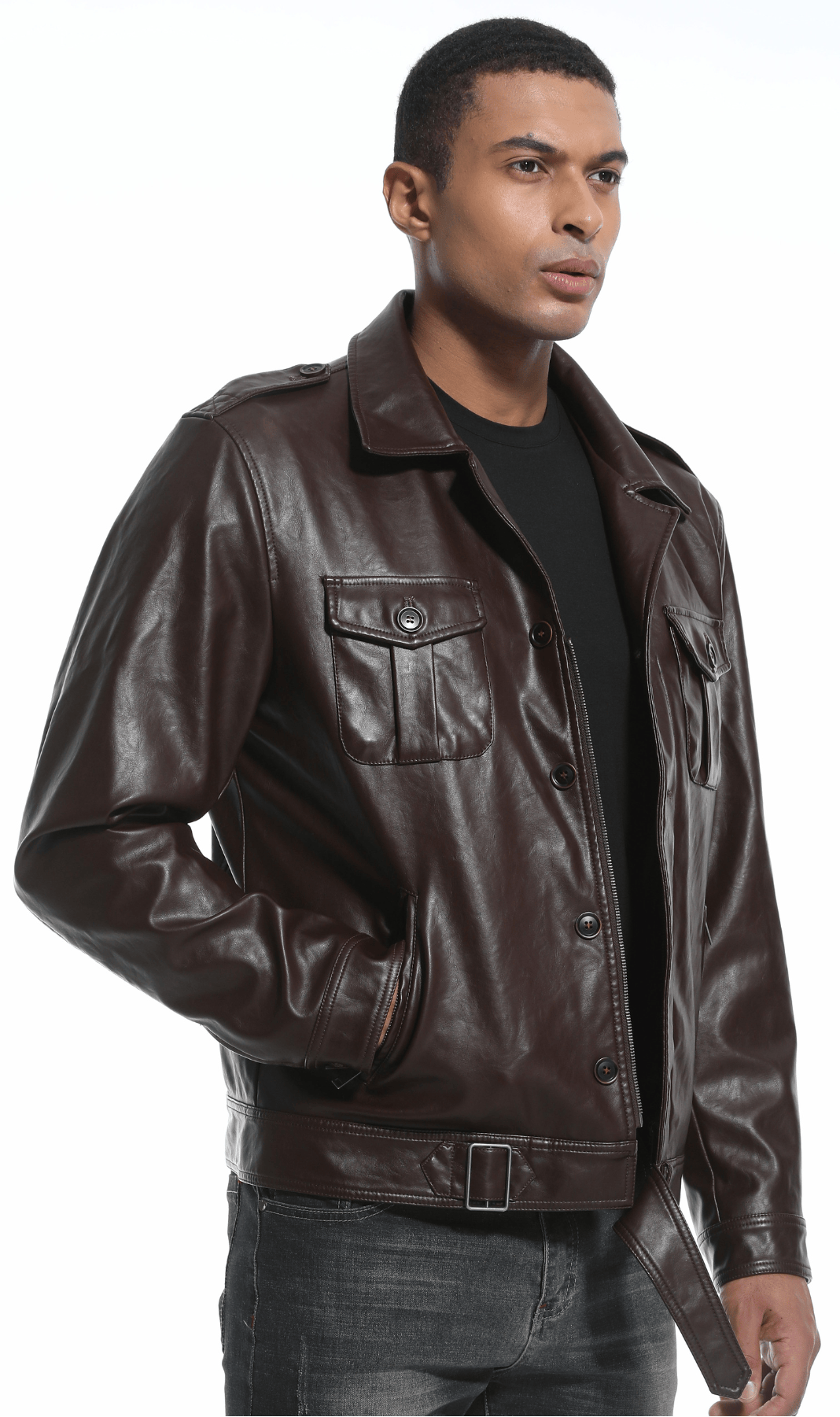 Close-up of men's coffee faux leather jacket texture, classic style outerwear