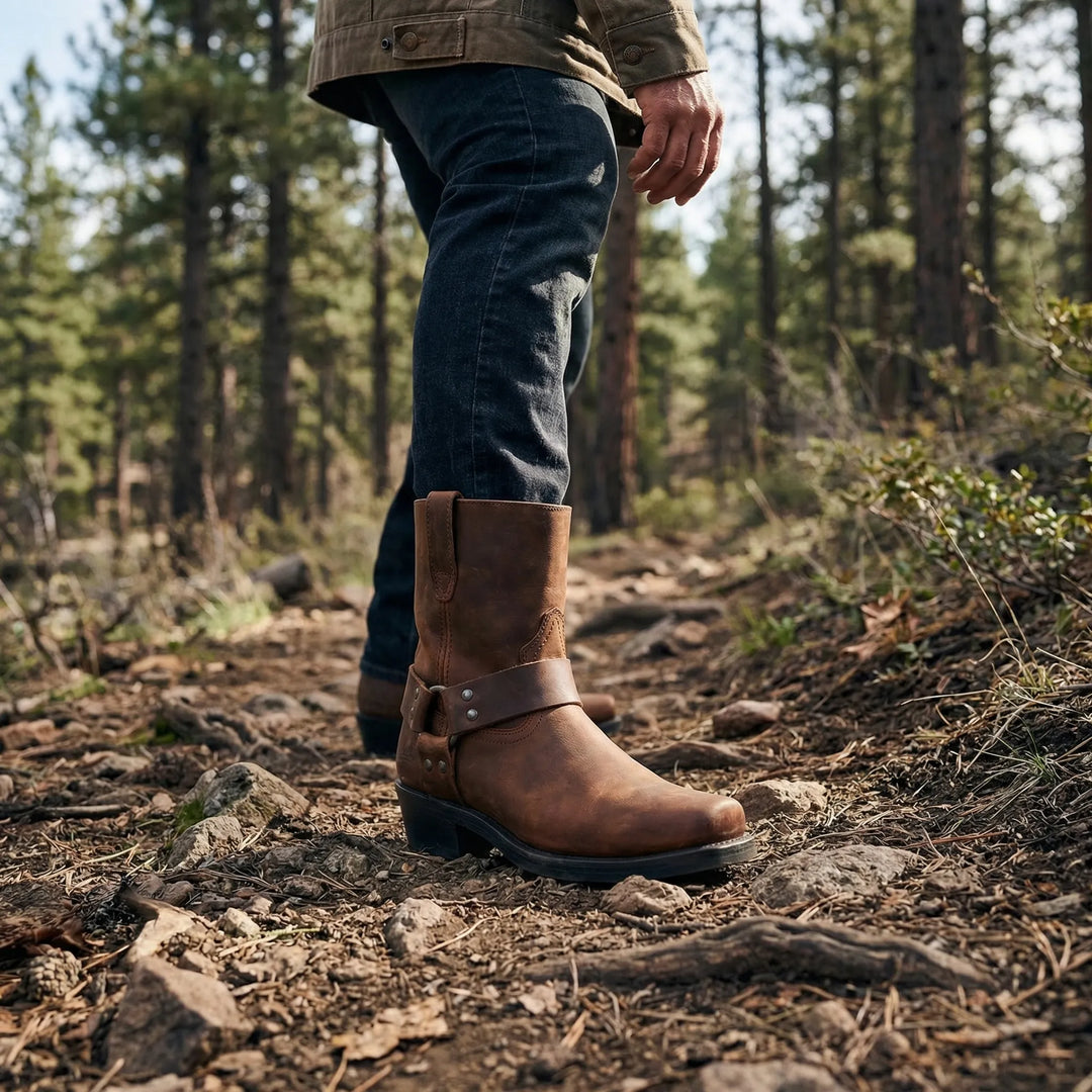 Men's classic cowboy boots with a studded strap, perfect for western style and durable casual wear.