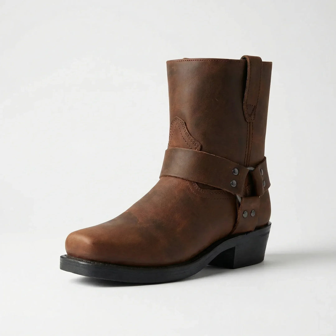 Comfortable men's western boots with a classic cowboy silhouette and eye-catching studded strap for fashion.