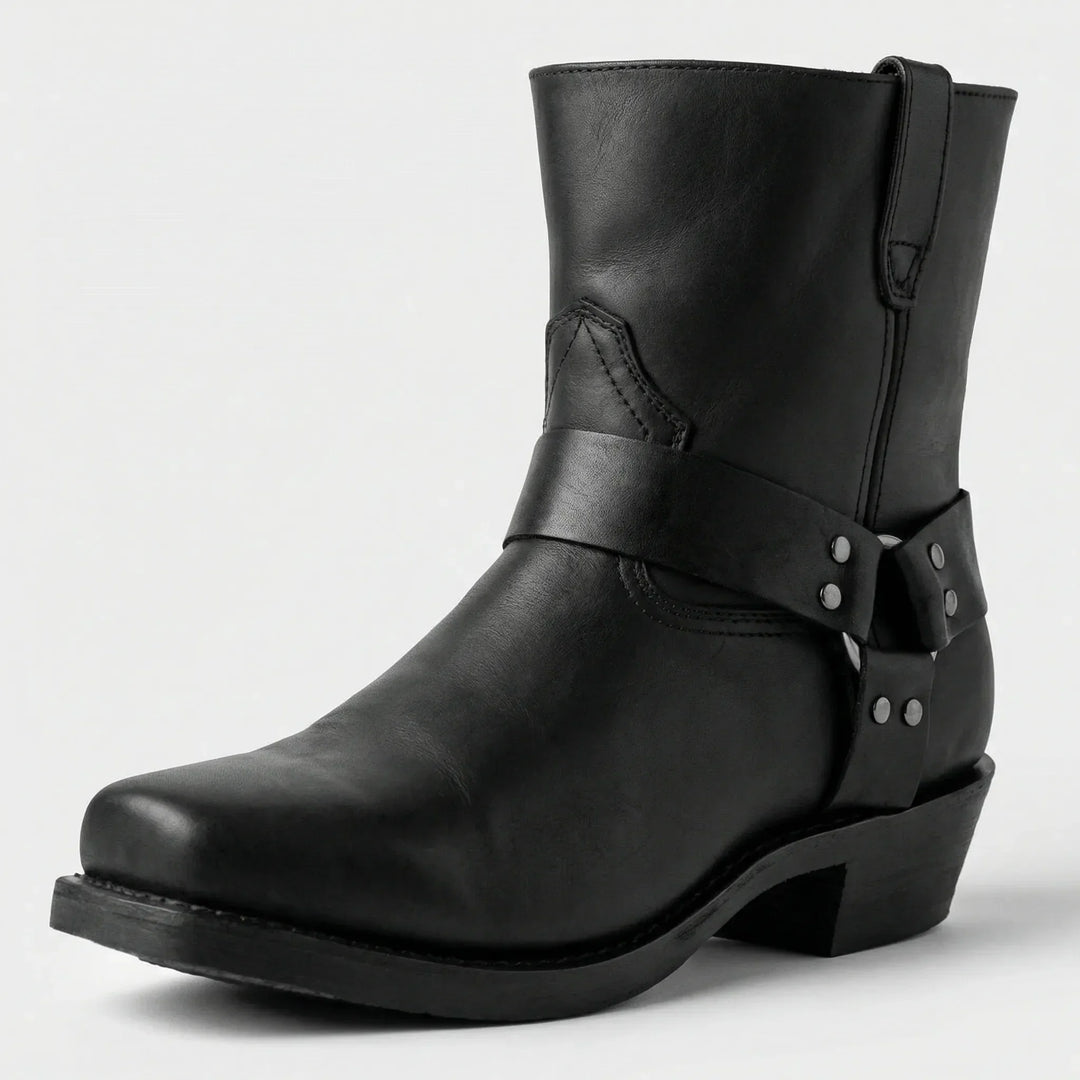 Durable men's classic cowboy boots, ideal for everyday casual wear, featuring a stylish studded strap.