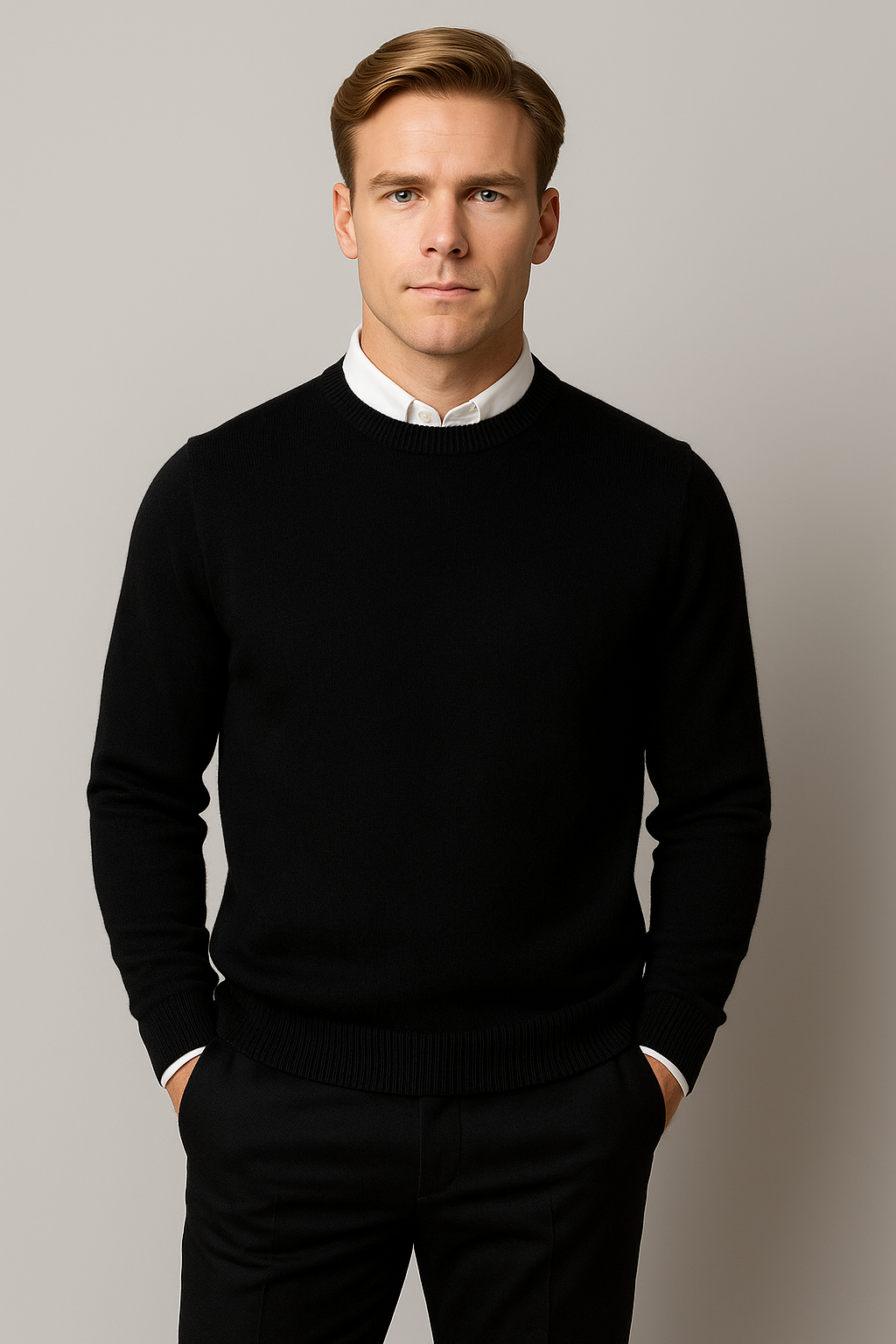 Men's classic crew neck knit sweater in a versatile color, perfect for fall and winter fashion.