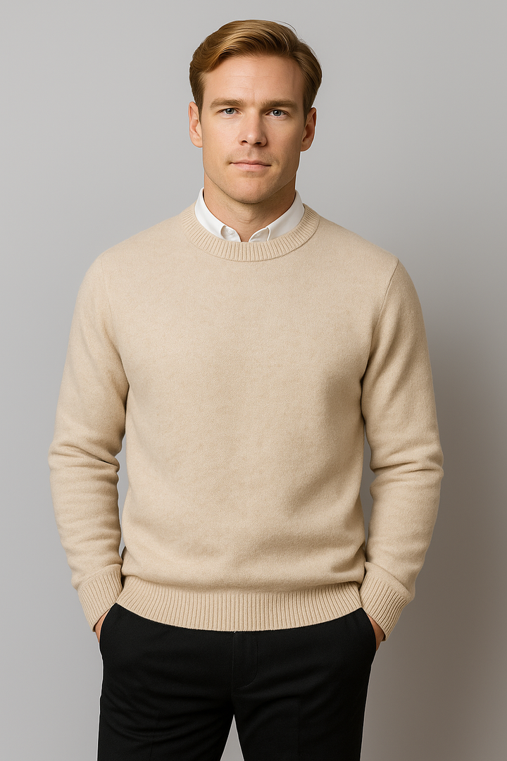 Cozy men's pullover sweater with a classic crew neck, essential winter clothing for everyday style.