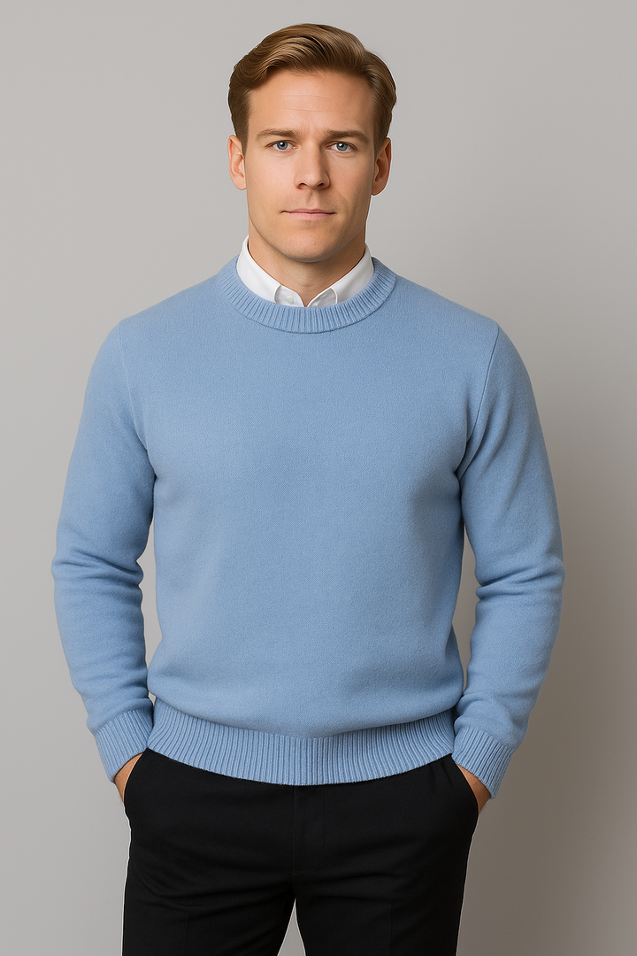 Durable men's classic knit sweater, crew neck design offering versatile comfort and long-lasting style.