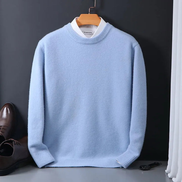 Men's long sleeve crew neck sweater, a stylish and comfortable knitwear piece for cool weather.