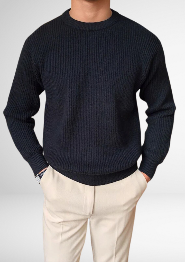 Men's classic crew neck knitted sweater in a versatile all-season style for smart casual and everyday wear.