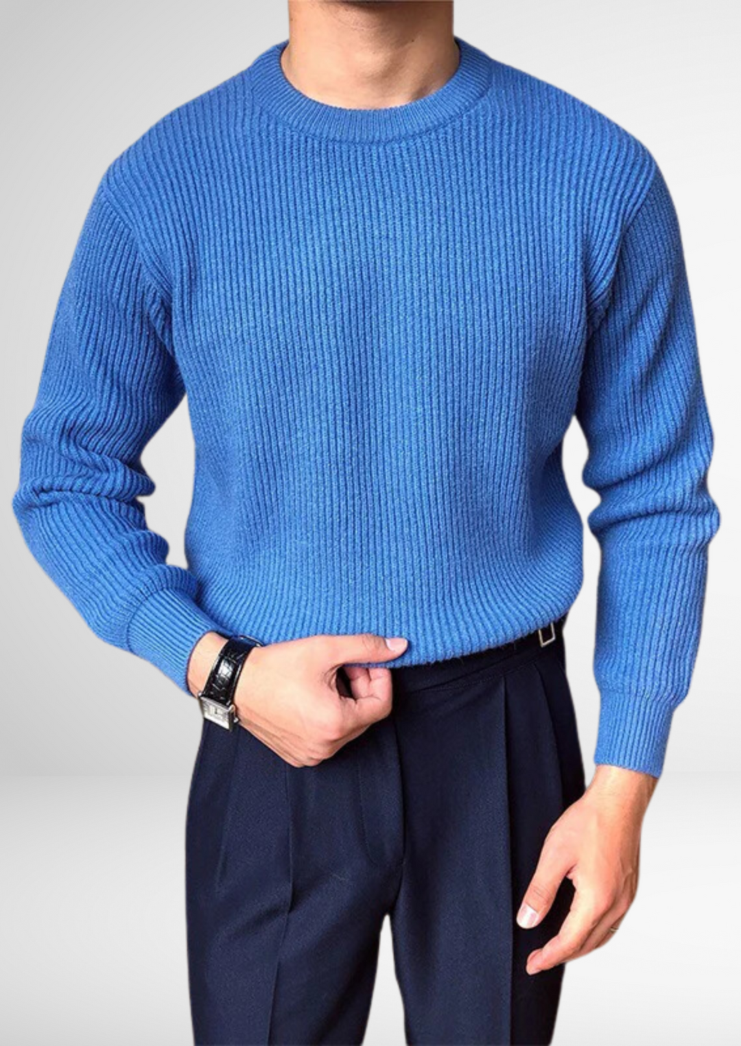 Comfortable men's crew neck jumper, perfect for an all-season smart casual look; a timeless men's fashion staple.