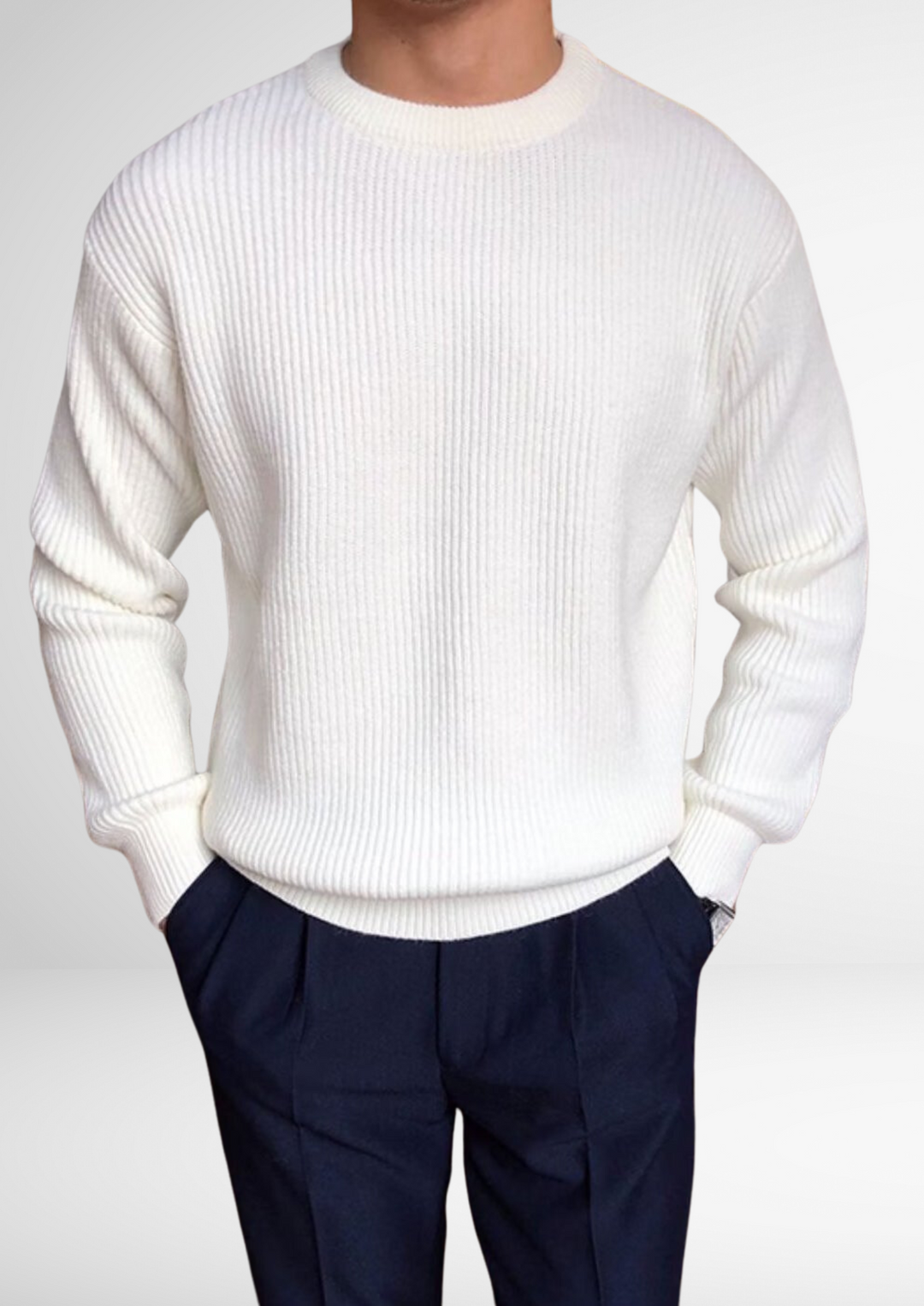Stylish men's crew neck knitted sweater, offering versatile all-season comfort and classic everyday fashion.