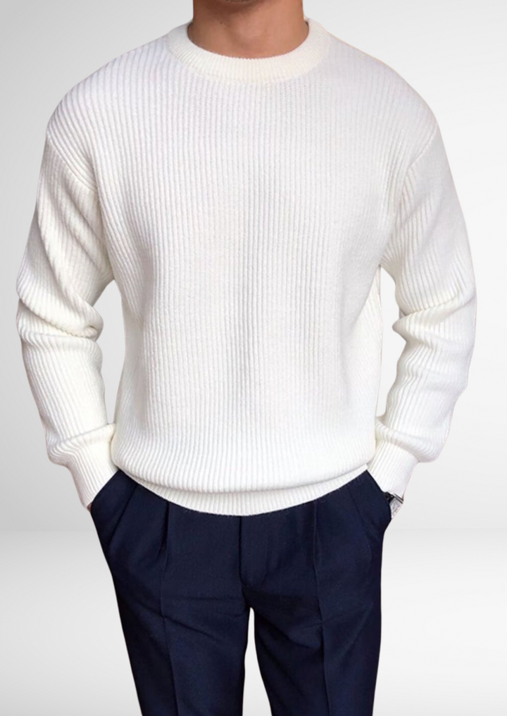 Stylish men's crew neck knitted sweater, offering versatile all-season comfort and classic everyday fashion.