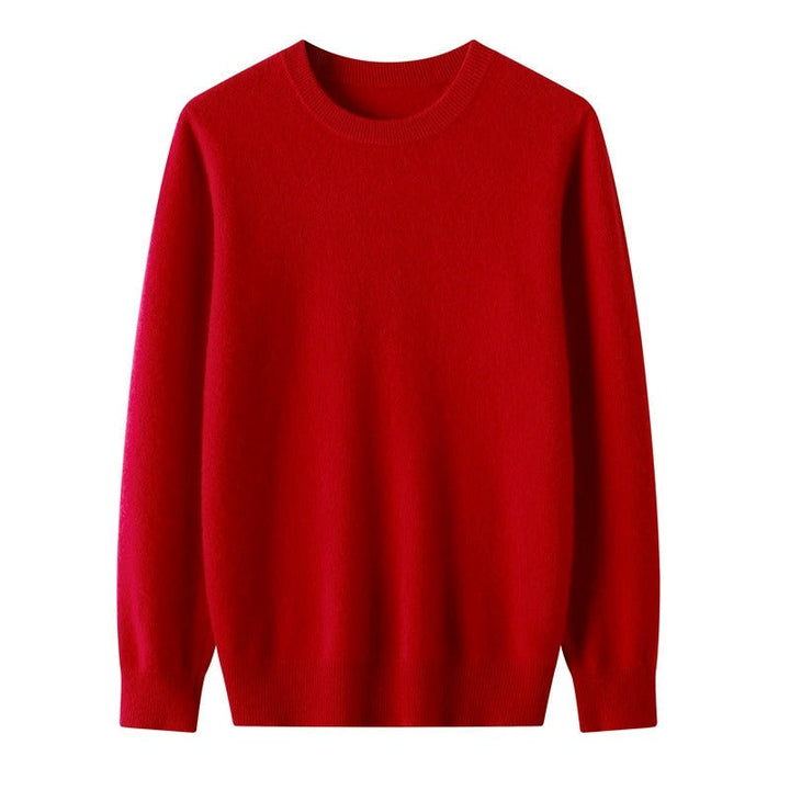 Men's premium cashmere blend crewneck sweater displayed on a hanger, ready for winter fashion