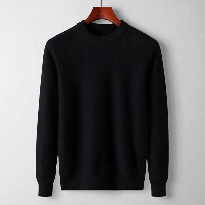 Model from torso up wearing a high-quality mens cashmere blend crewneck sweater