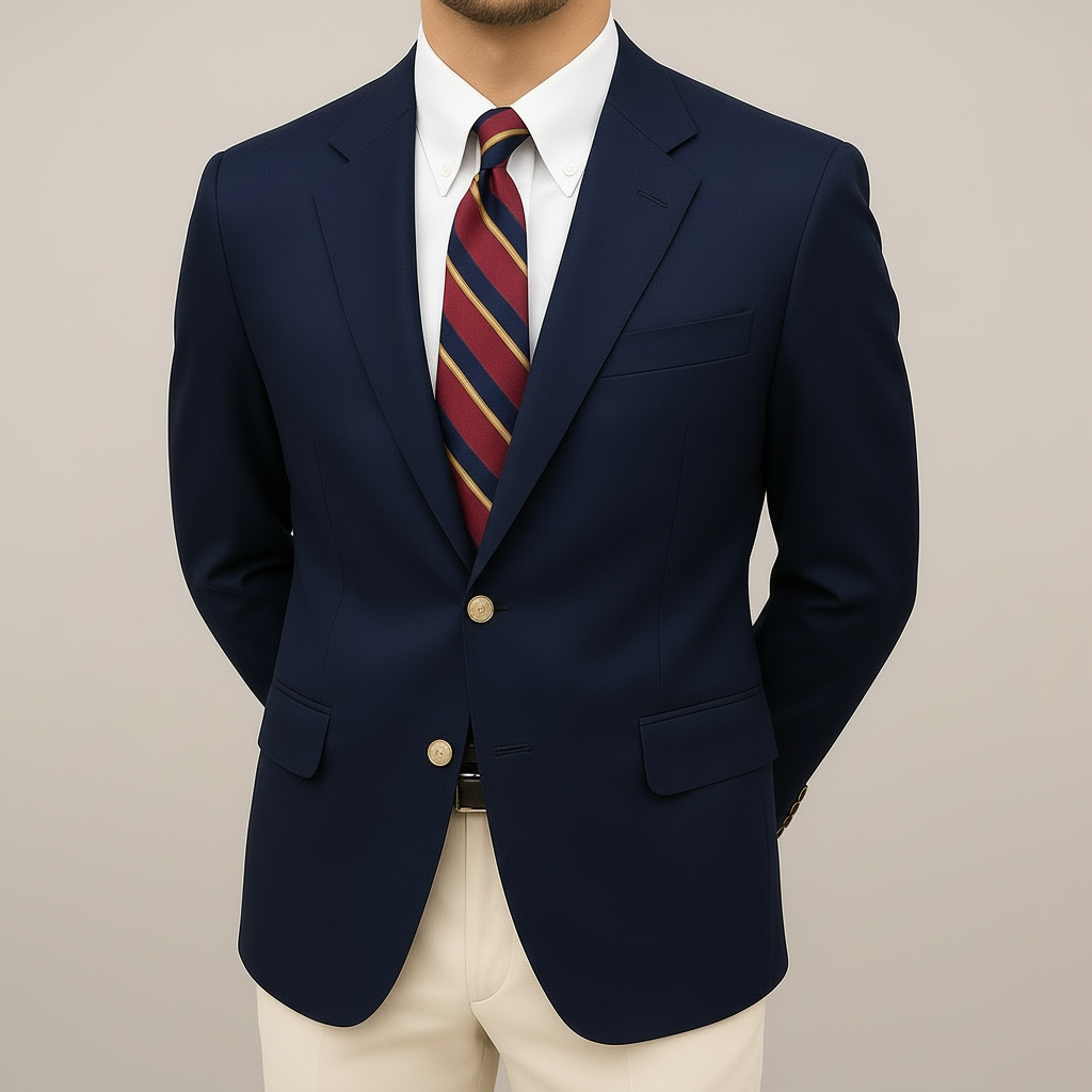 Men's classic dark blue notch lapel blazer with elegant gold buttons, ideal for business or smart casual wear.