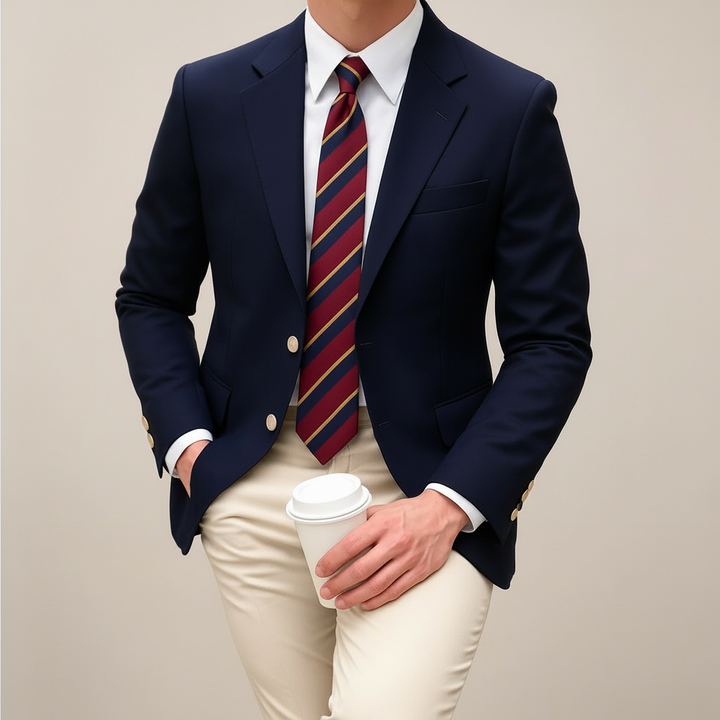 Classic fit men's dark blue blazer featuring a notch lapel & stylish gold accents, perfect for formal or casual outfits.