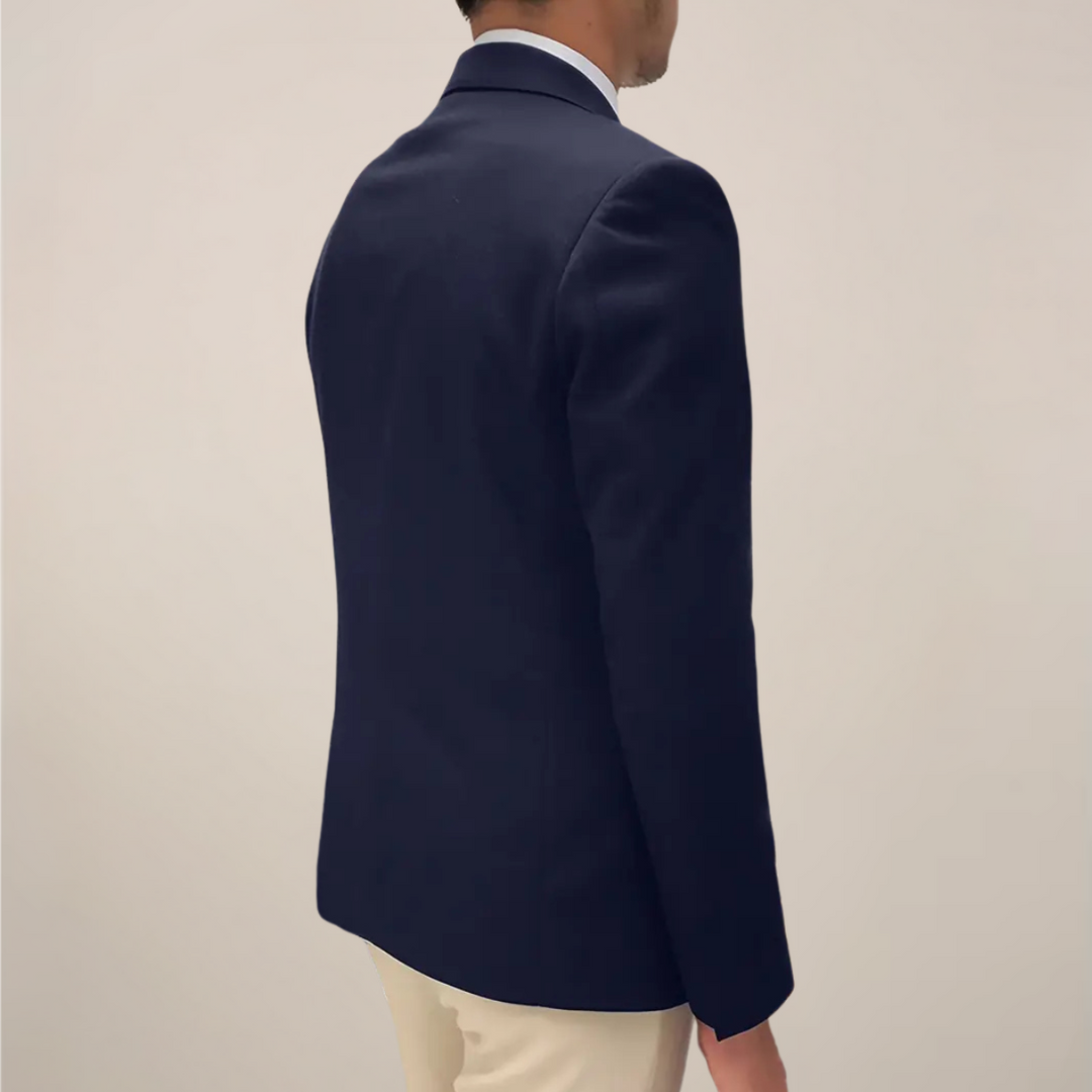 Elegant men's formal dark blue blazer with a sophisticated notch lapel and distinctive gold button detailing.