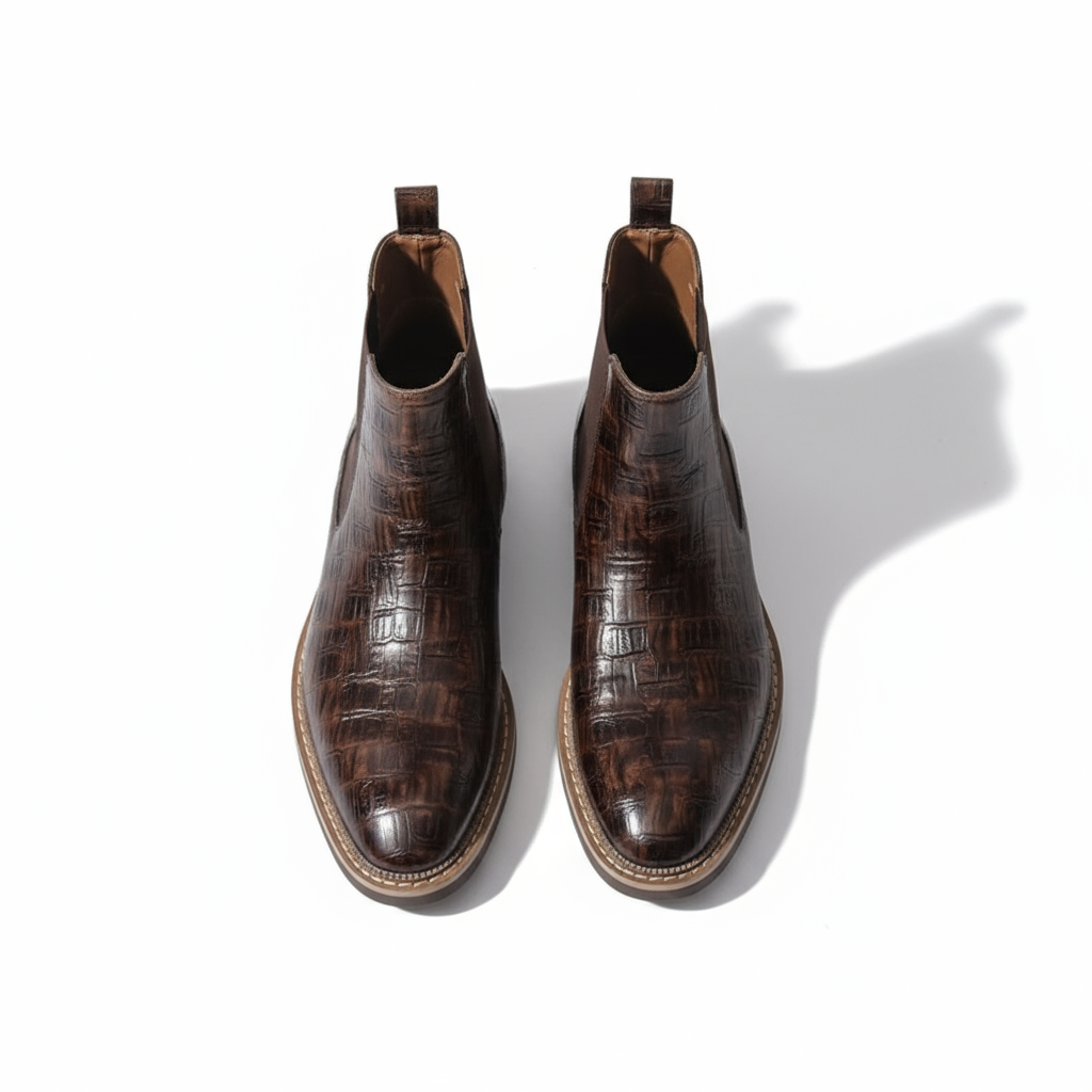 Men's dark brown Chelsea boots on a foot model, demonstrating fit and classic fashion style