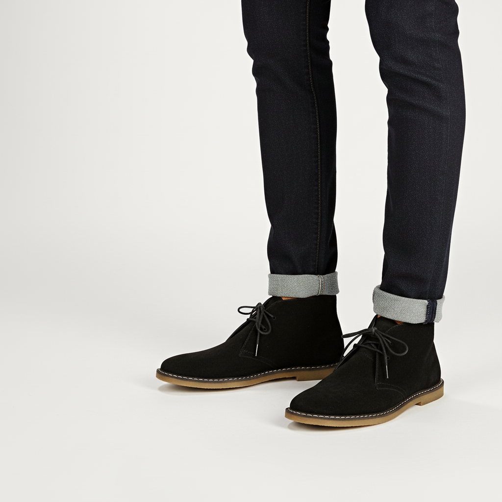 Close-up of men's desert boots, showcasing classic design, quality stitching, and comfortable ankle fit.