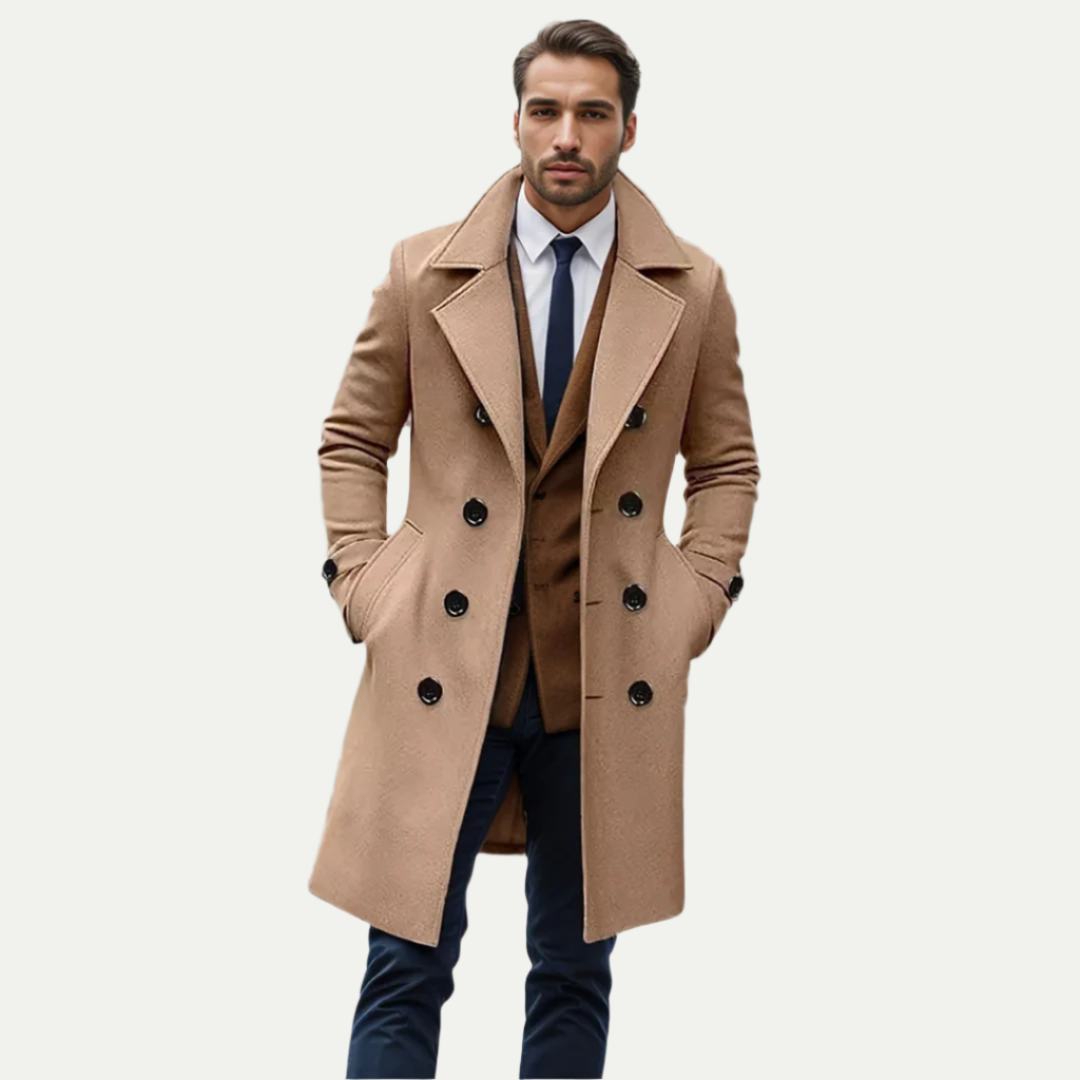 Men's classic double-breasted longline trench coat, perfect for sophisticated autumn and winter fashion.