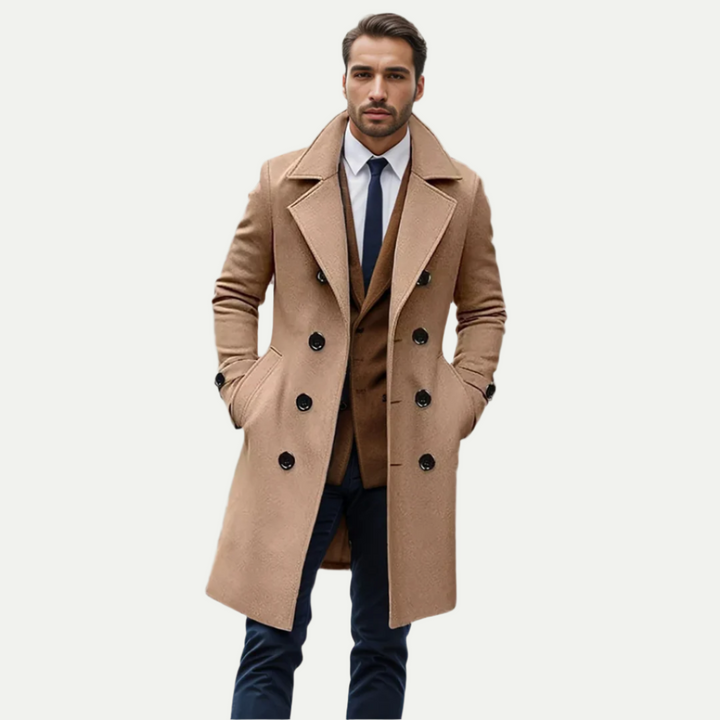 Men's classic double-breasted longline trench coat, perfect for sophisticated autumn and winter fashion.