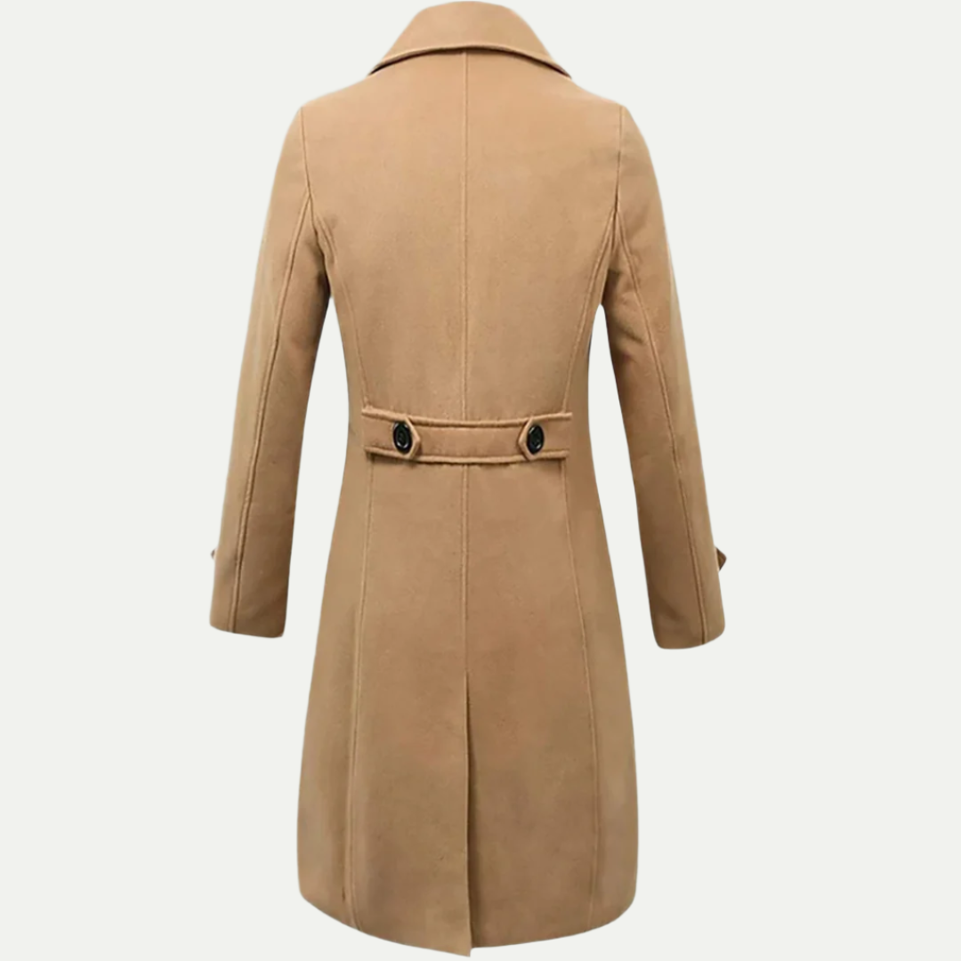 Tailored fit men's double-breasted trench coat, ideal smart casual or business attire outerwear for men.