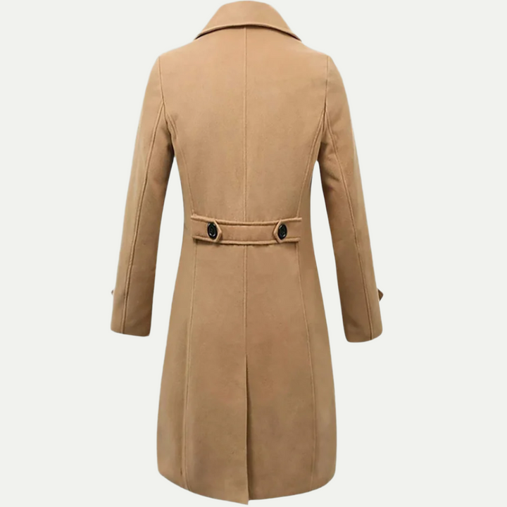Tailored fit men's double-breasted trench coat, ideal smart casual or business attire outerwear for men.