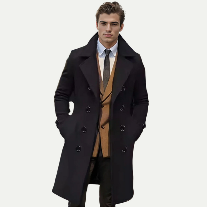 Elegant men's long trench coat, double-breasted, suitable for sophisticated autumn and winter outerwear.