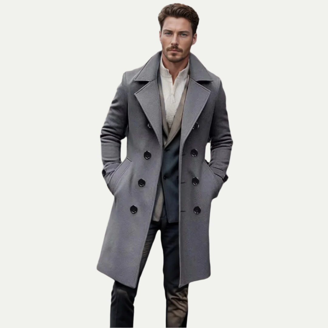Stylish men's double-breasted long coat, a timeless trench style jacket for elegant autumn & winter fashion.