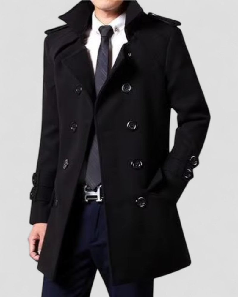 Men's classic double-breasted trench coat, mid-length smart fit, perfect for elegant fall & winter business casual attire.