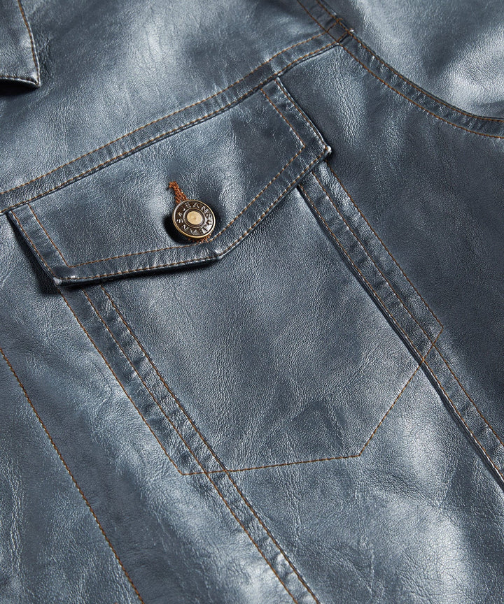 Man wearing a black faux leather biker jacket, complete outfit example, casual men's apparel