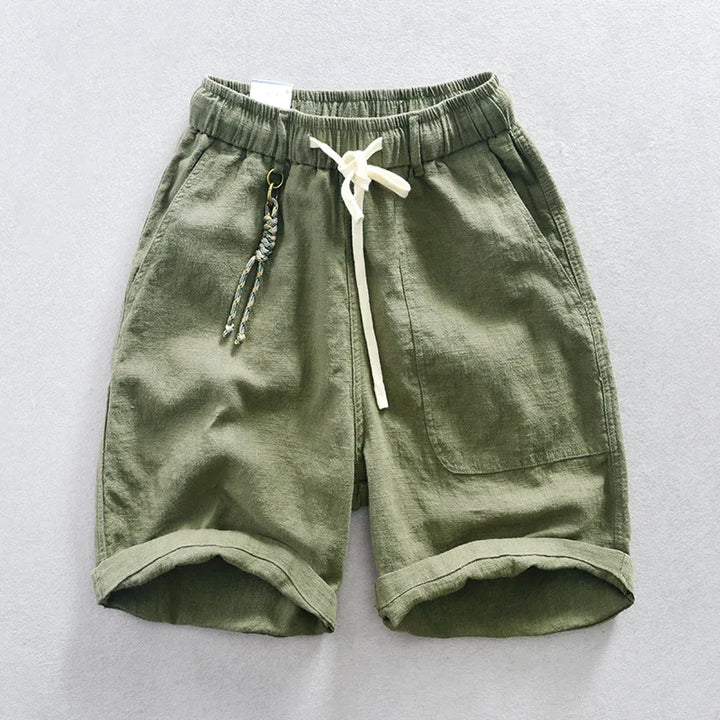 Men's classic fit linen blend summer shorts with drawstring waist and rolled hem, ideal for casual wear.