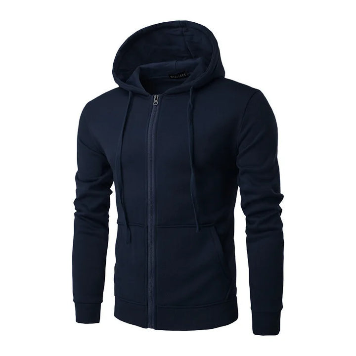 Front view of men's black zip-up hoodie, a comfortable urban apparel essential.