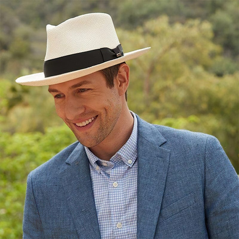 Handwoven straw Panama hat for men, offering stylish sun protection during summer outdoor activities.