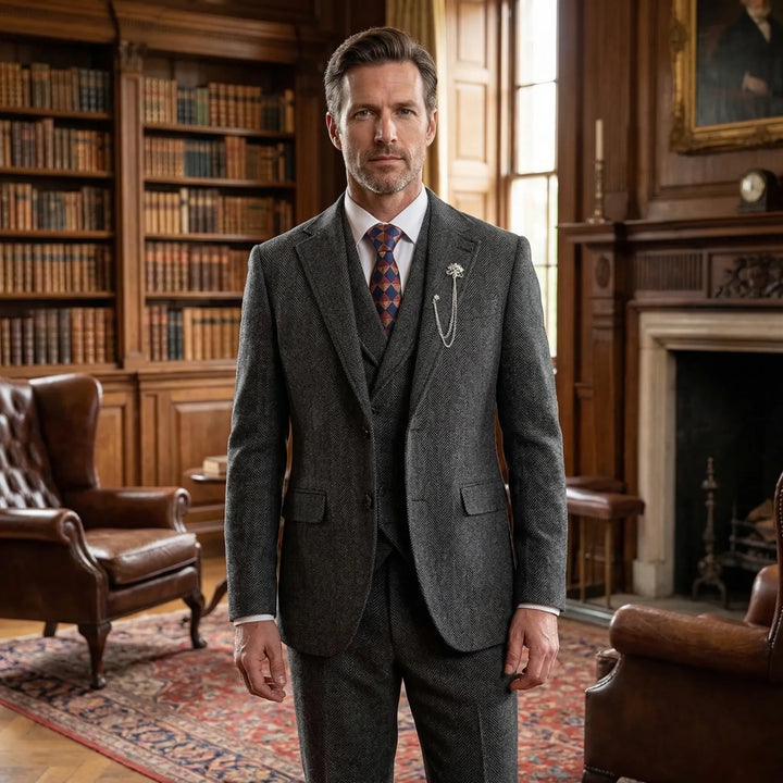 Men's classic herringbone 3-piece suit, tailored fit. Ideal for formal wear, business, weddings & special occasions.