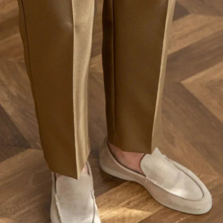Three-quarter view of men's classic straight leg dress pants, highlighting the versatile design