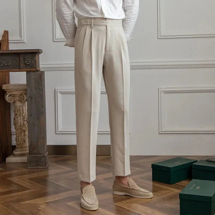 Detailed shot of the inner lining of men's polyester blend straight leg dress pants, highlighting comfort