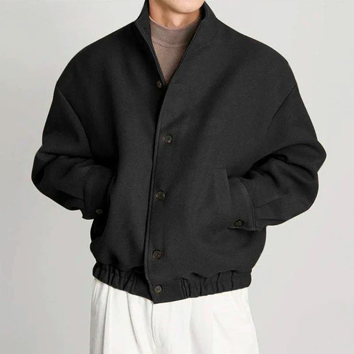 Front view of a men's casual khaki bomber jacket made from warm wool, ideal for cold weather