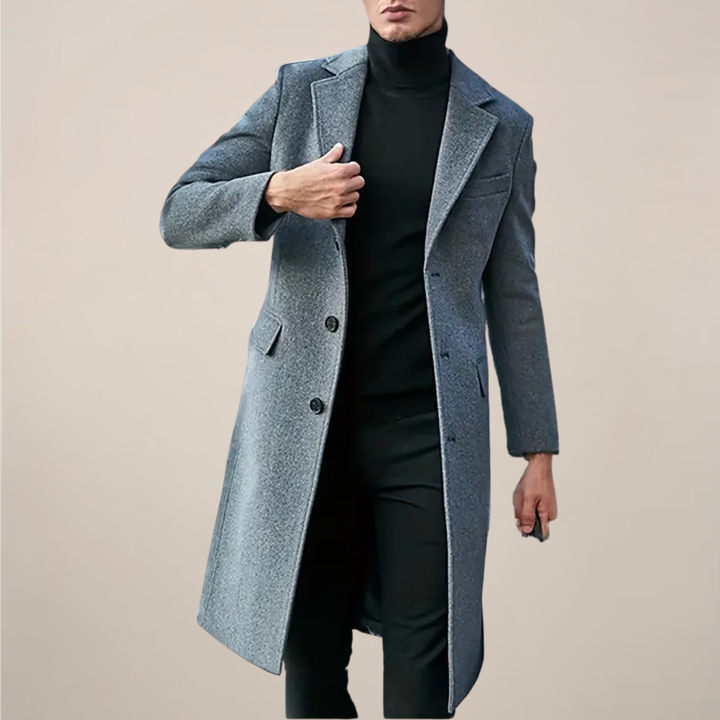 Men's classic lapel long overcoat for fall and winter style. Tailored fit men's outerwear.