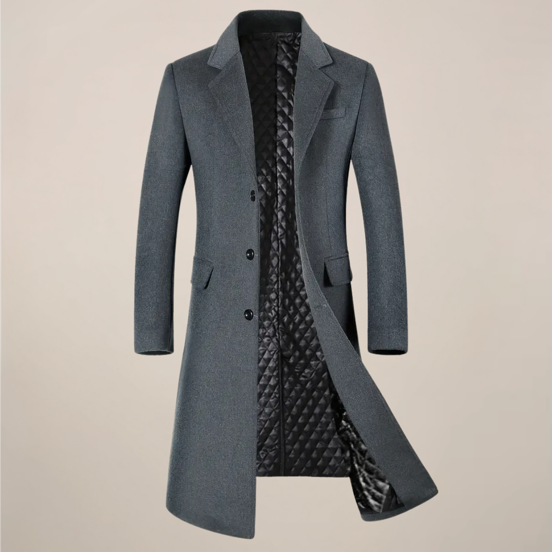 Stylish men's long trench coat with classic lapel. Ideal formal/casual winter outerwear.