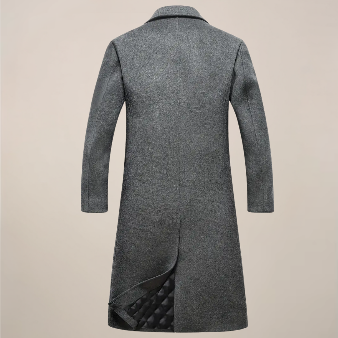 Gray men's classic lapel overcoat, tailored fit. Elegant long trench for fall & winter fashion.