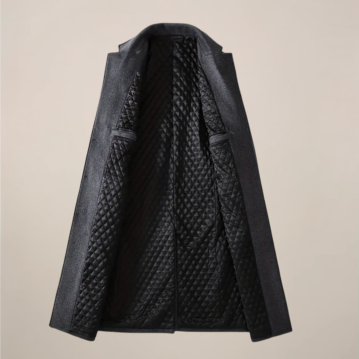Black men's long overcoat, classic lapel. Versatile formal & casual winter trench coat.
