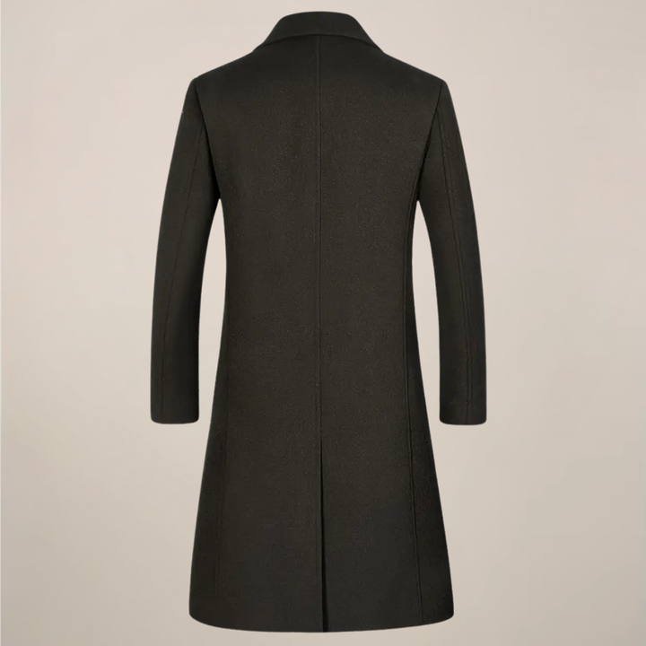 Elegant men's classic lapel long overcoat, a stylish tailored trench for sophisticated fall/winter fashion.