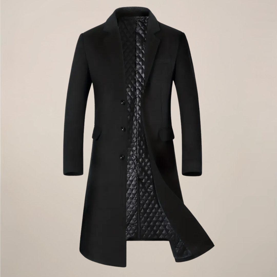 Men's long trench coat for fall and winter. Classic lapel overcoat with a tailored fit, perfect for stylish men.