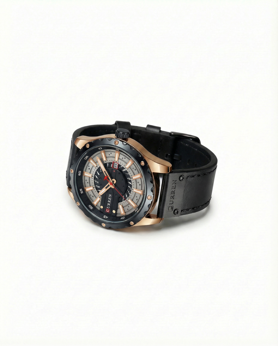 Men's classic leather band watch with a silver case and white dial, perfect for daily wear.