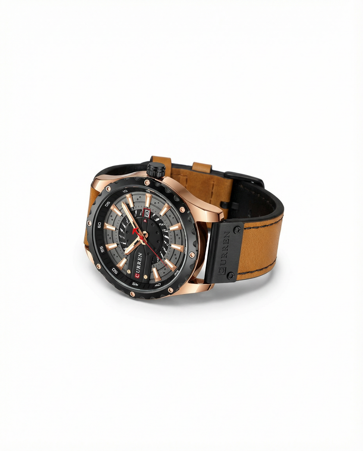 Display of several men's classic leather watches, highlighting variations in strap color and dial.