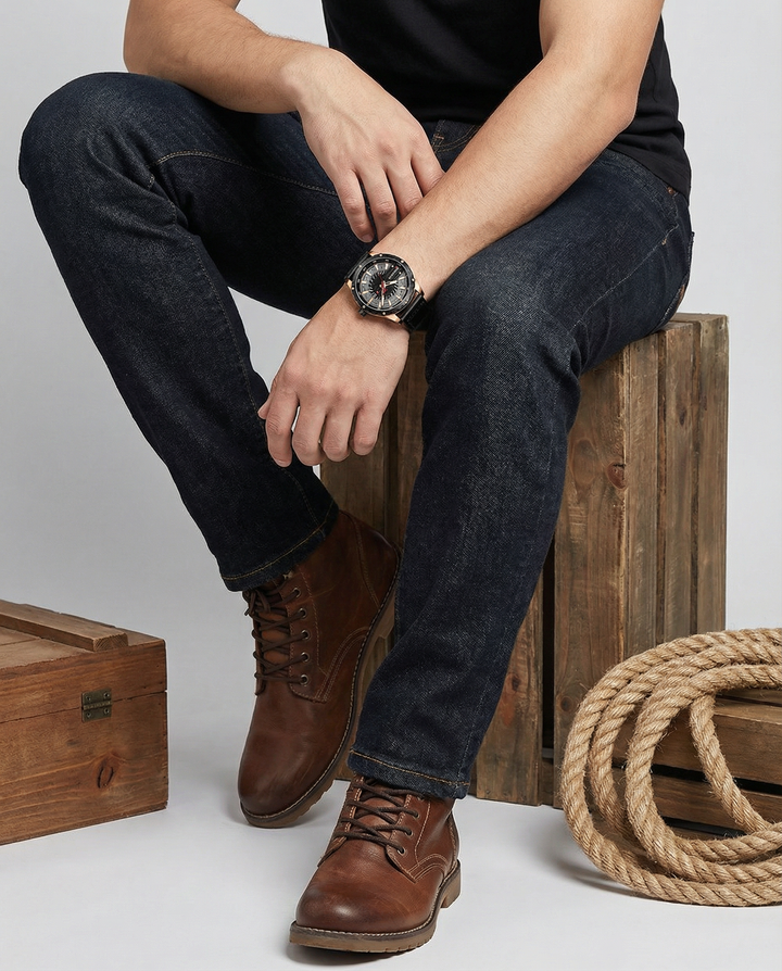 Classic men's watch featuring a brown leather strap and a clean, timeless analog display.