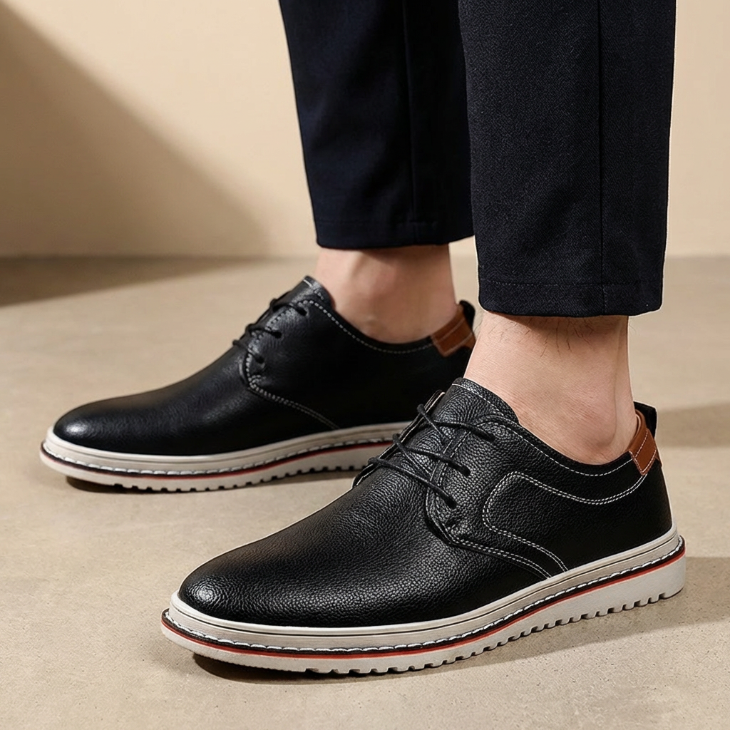 Close-up of men's leather dress shoe, showcasing detailed stitching and high-quality leather texture