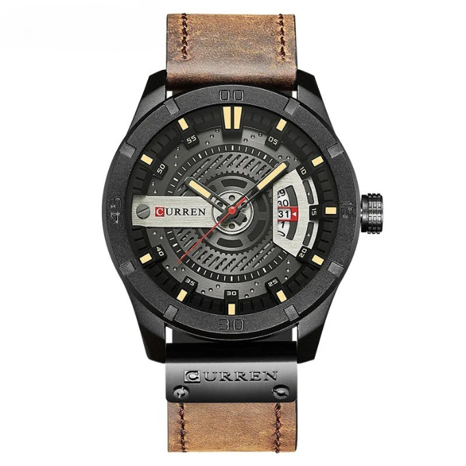 Men's versatile everyday watch, brown leather strap, and a clear, functional dial.